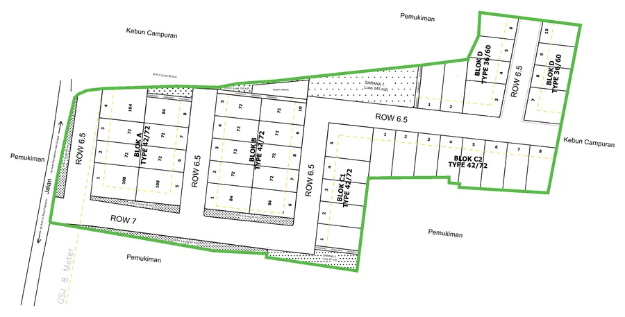 Master siteplan Palace Land Kemang Bogor: Blok A, B, C1, C2 (Tipe 42/72) dan Blok D (Tipe 36/60) dengan jalan lingkungan ROW 6,5 dan 7 meter