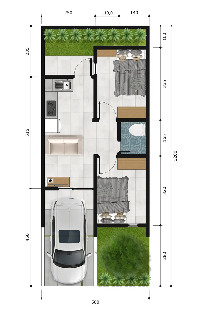 Denah rumah Tipe 36 ukuran 5 x 12 meter Pesona Amaryllis dengan 2 kamar tidur, 1 kamar mandi, ruang tamu, dapur, carport, dan taman