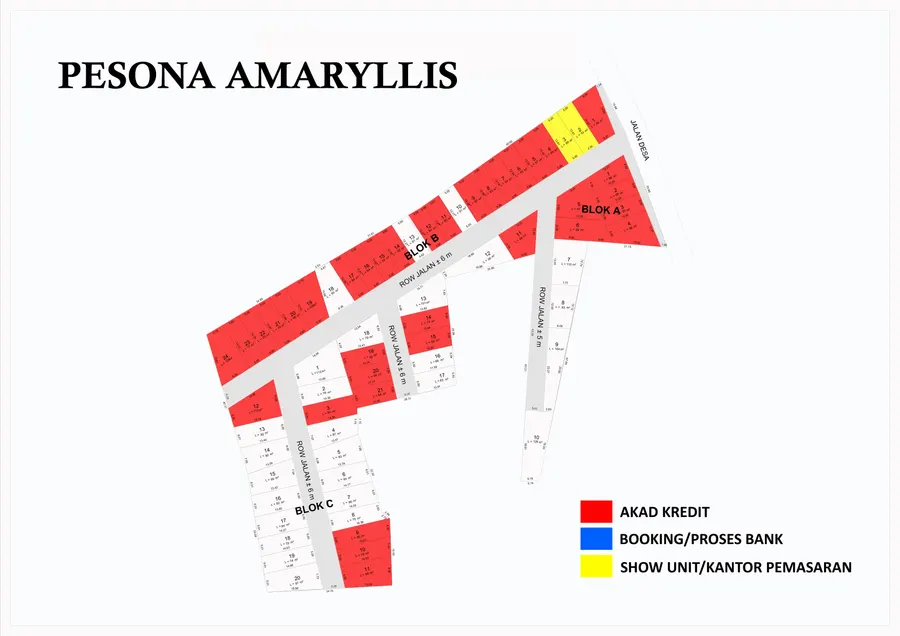 Master Siteplan Pesona Amaryllis Setu Bekasi menampilkan kavling Blok A, Blok B, dan Blok C beserta ROW jalan 5 hingga 6 meter